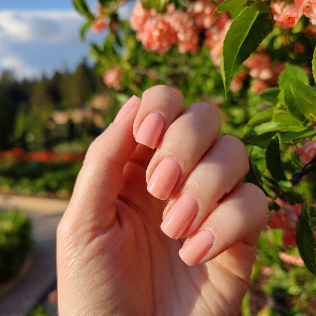 attractive peach sorbet short nails with outdoor b 1