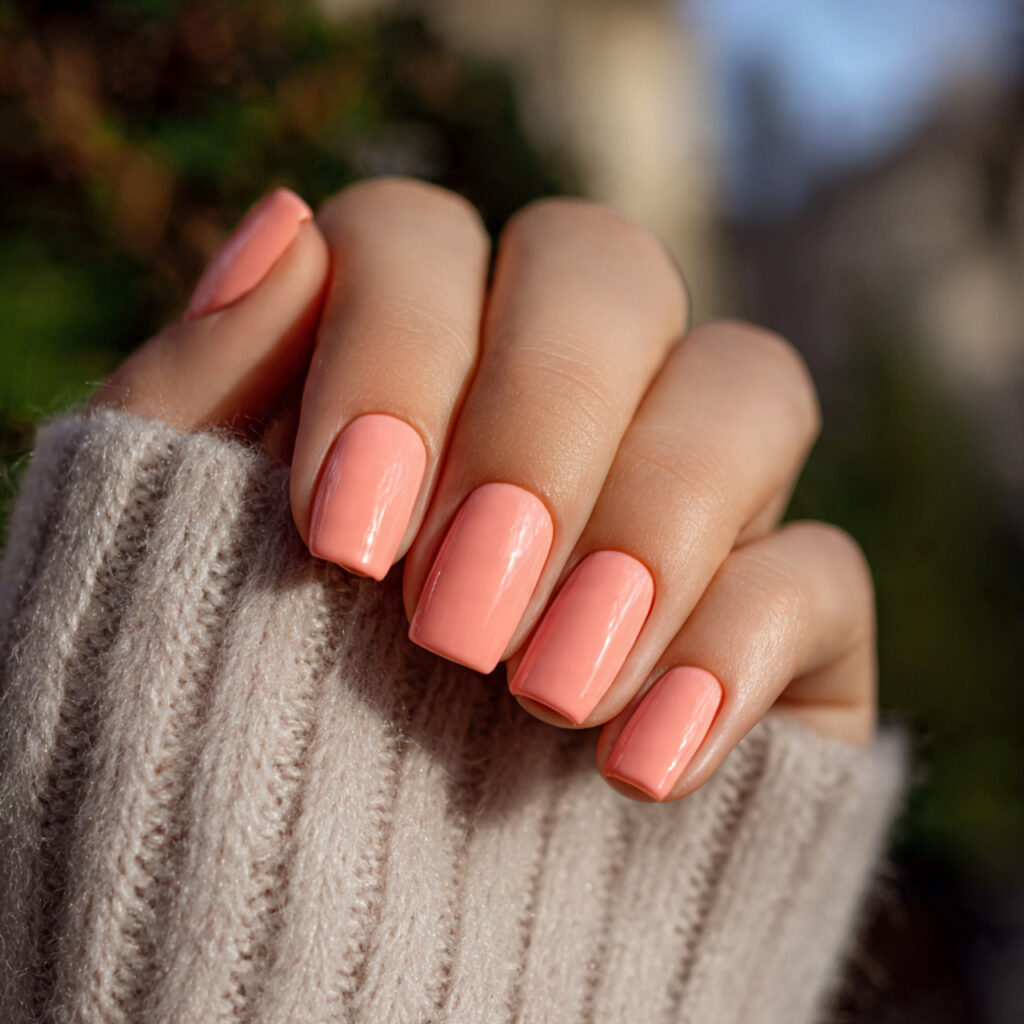 attractive peach sorbet short nails with outdoor b