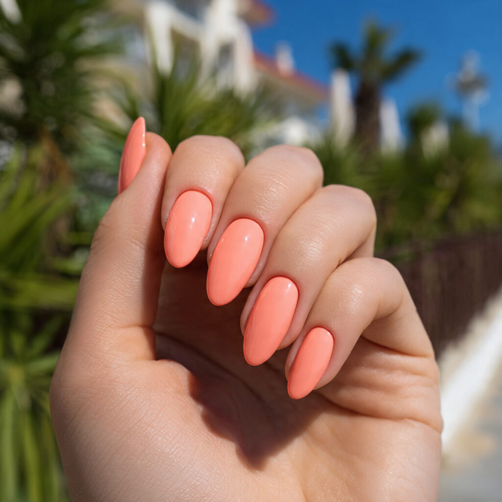 attractive peach sorbet short oval nails with outd