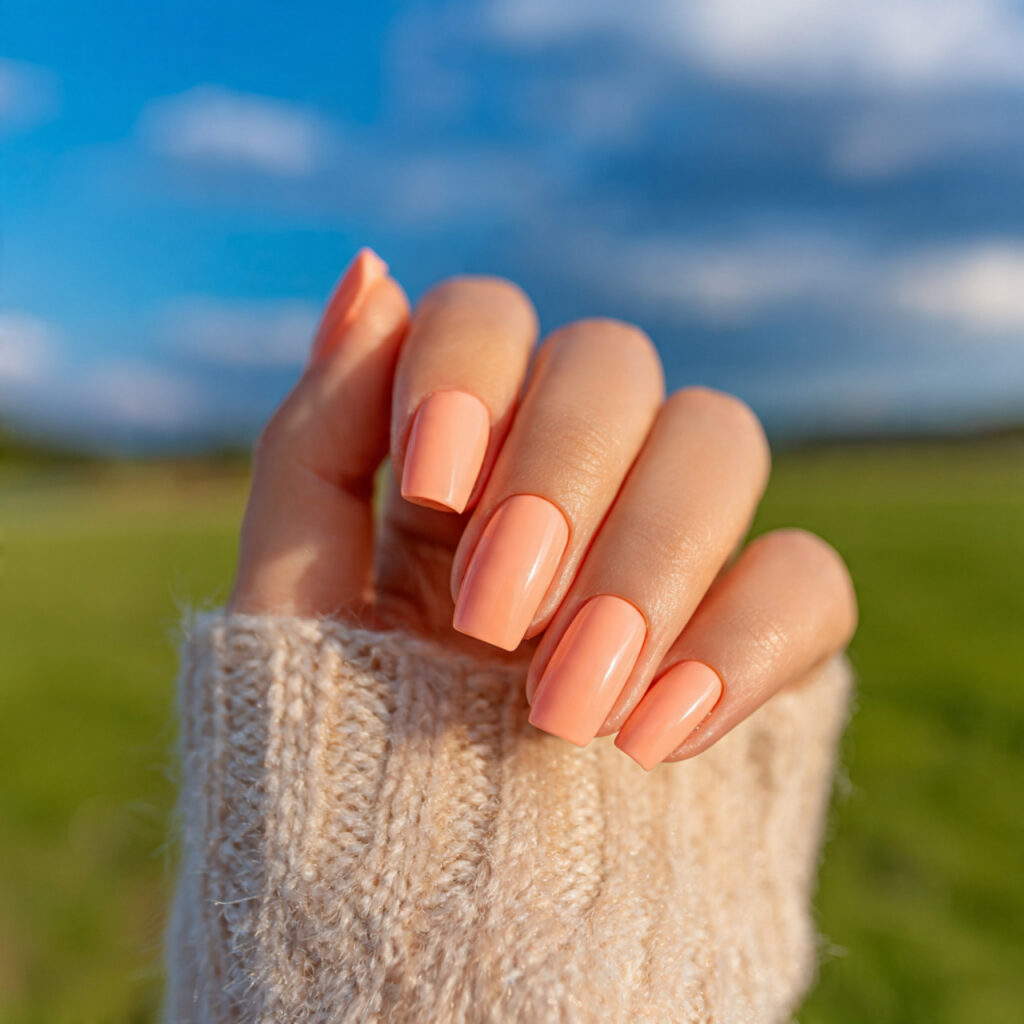 attractive peach sorbet square nails with outdoor