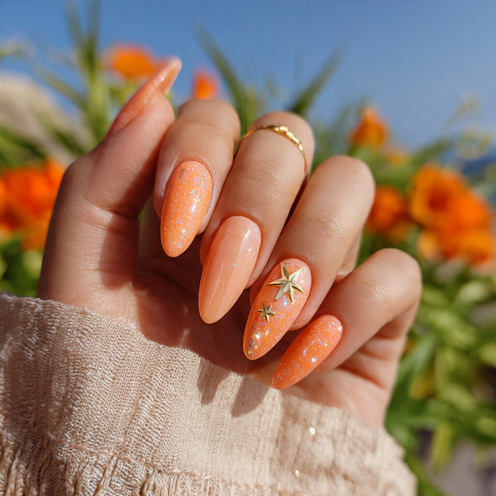 attractive peach sorbet star nails with outdoor su