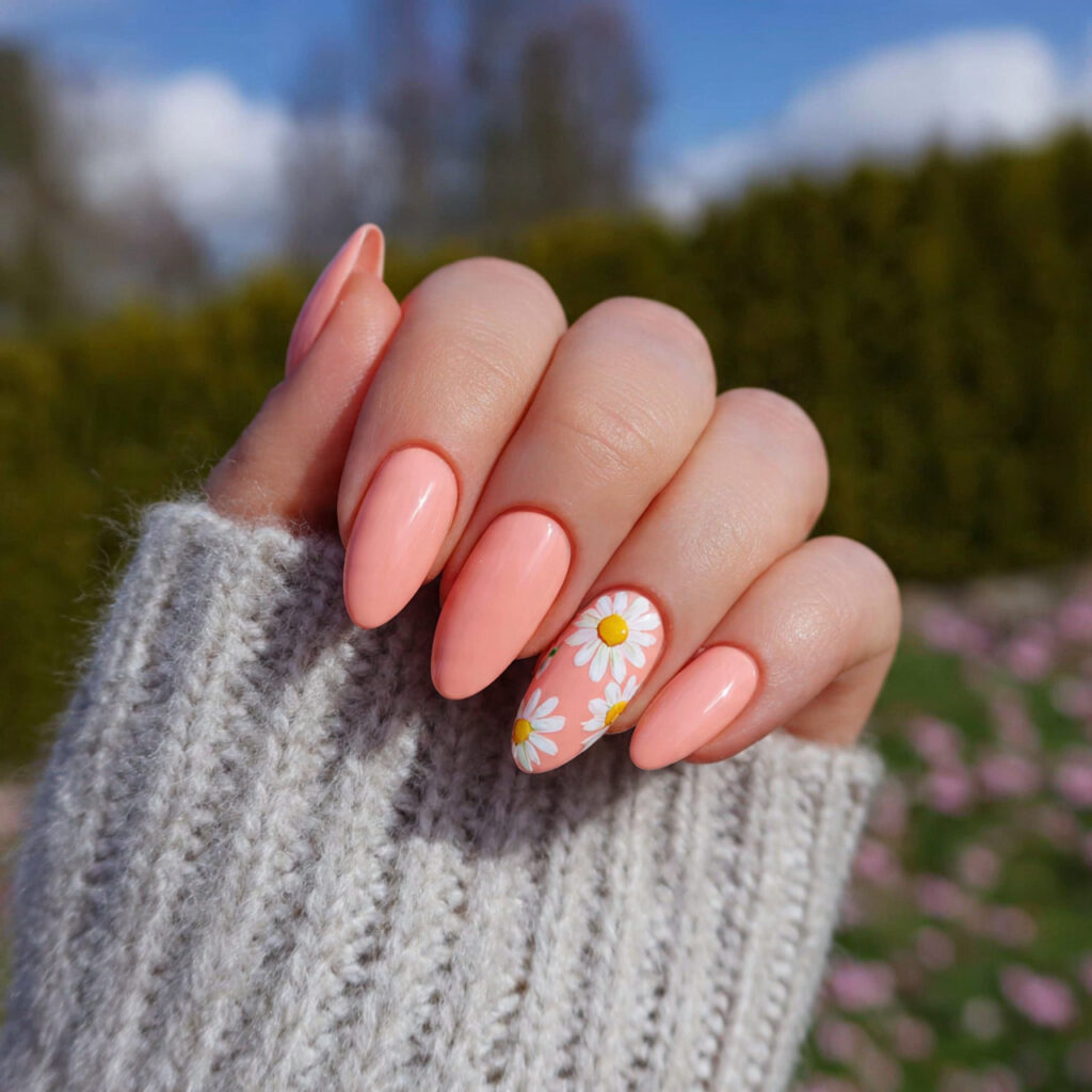Nail Inspo Almond: 12 Dreamy Almond Nail Ideas You’ll Want to Save Instantly 5 attractive peachy almond nails with daisy details