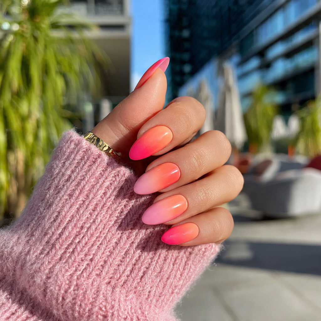 attractive peachy ombr almond nails with outdoor s