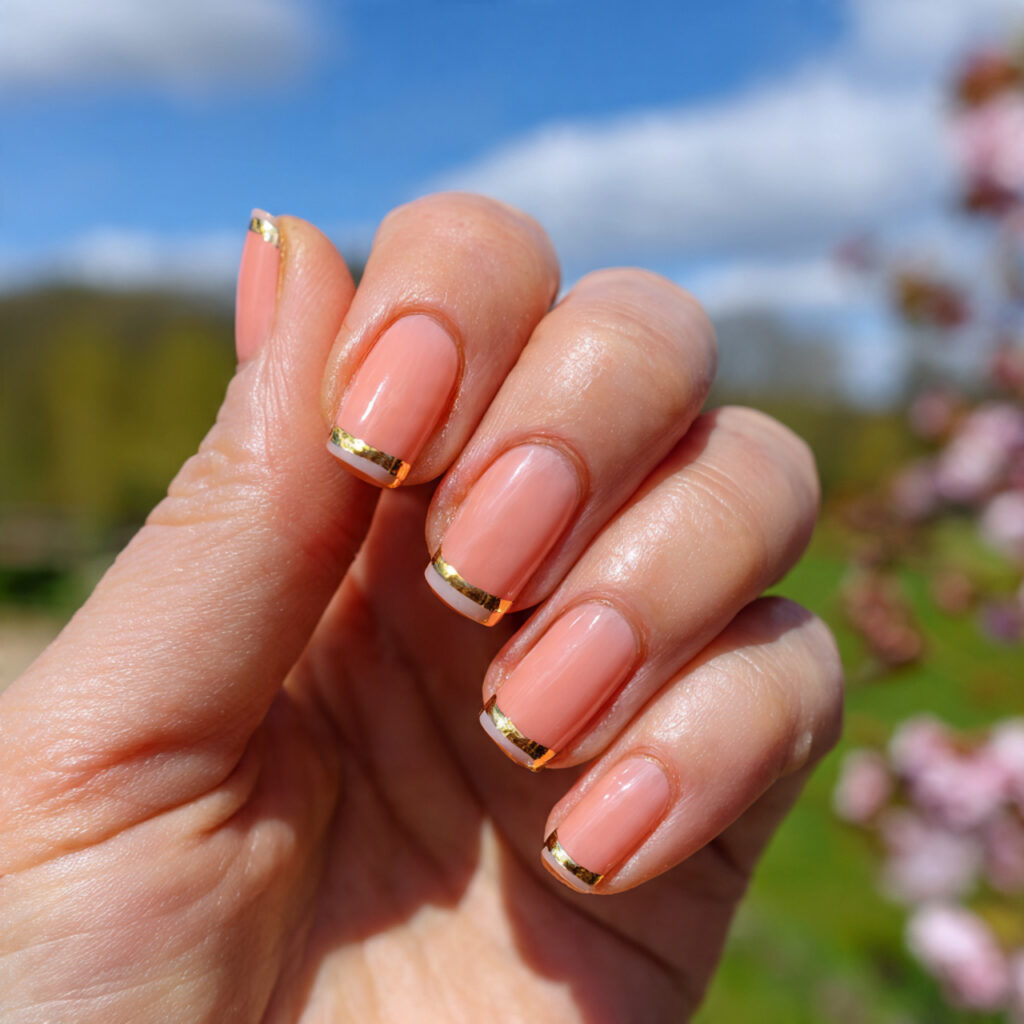 attractive peachy pink french with gold line detai