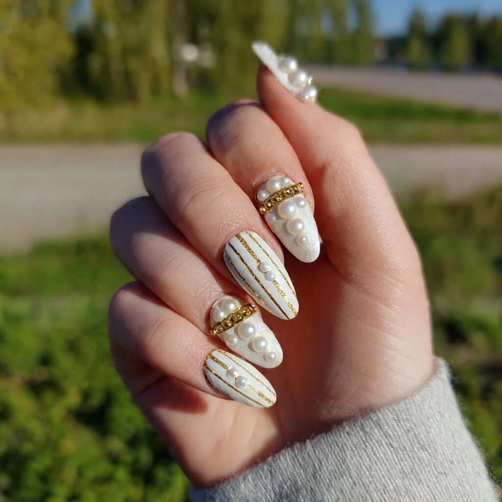 attractive pearl and gold accent nails with outdoo