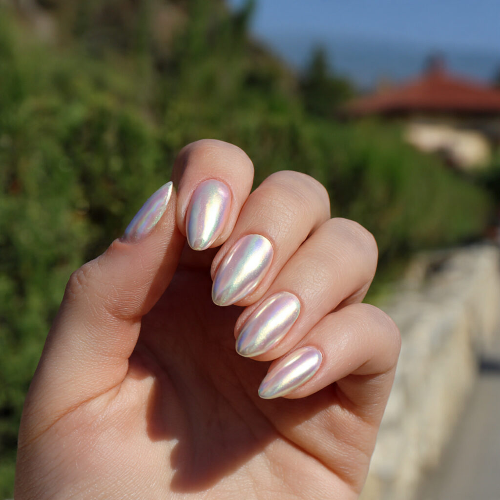 attractive pearl chrome almond short nails nails w