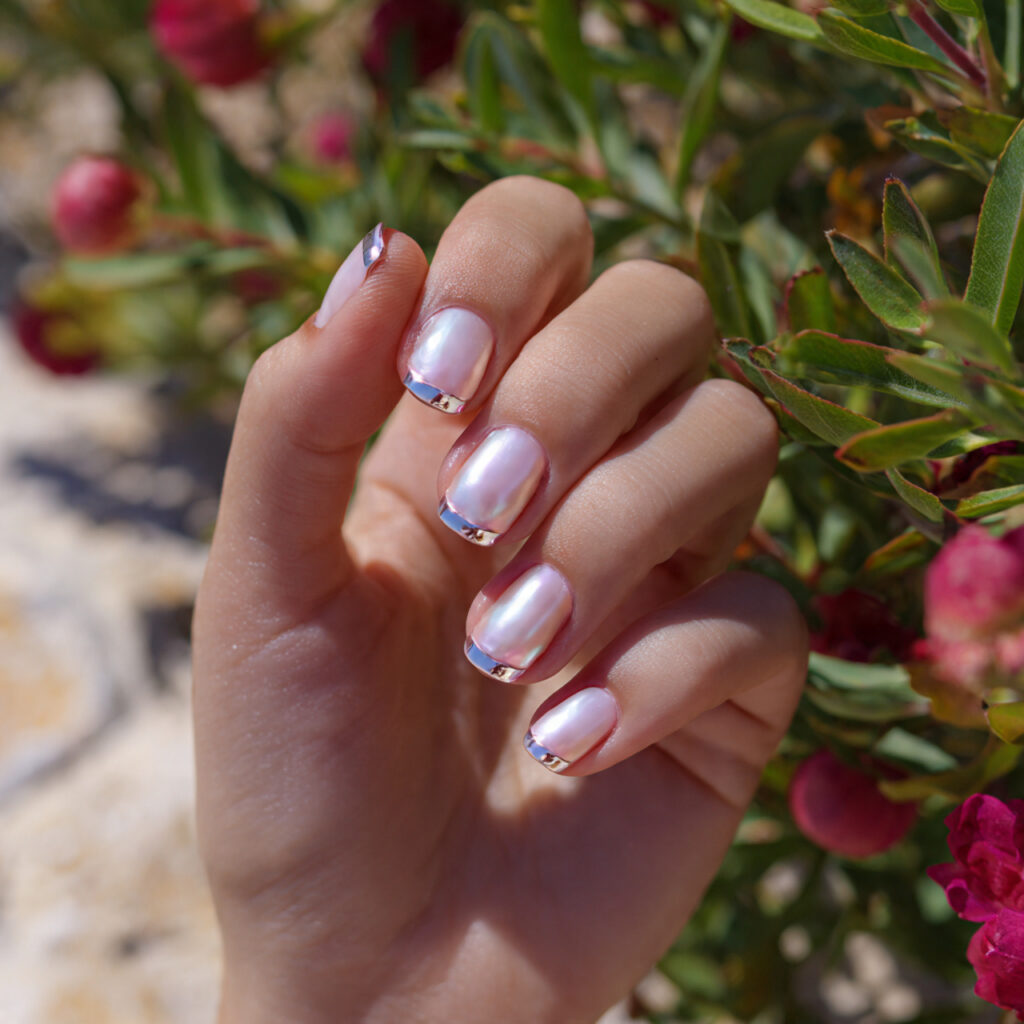 attractive pearl chrome french short nails with ou 1