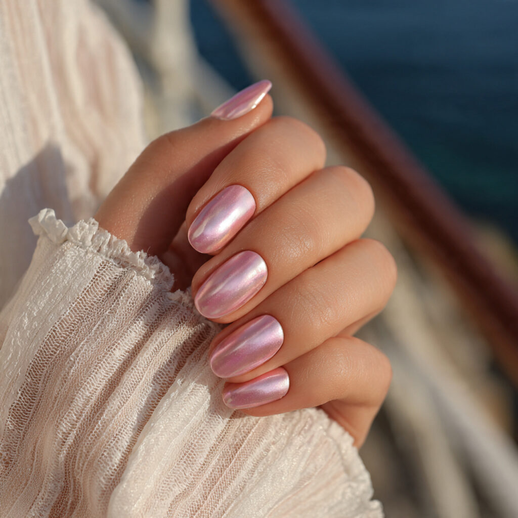 attractive pearl chrome light pink nails with outd 1