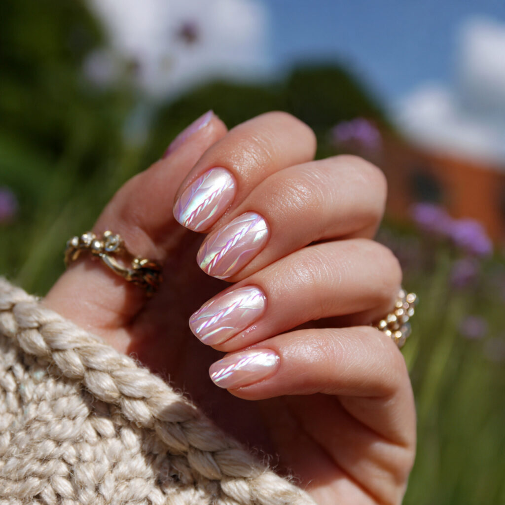 attractive pearl chrome line nails with outdoor su
