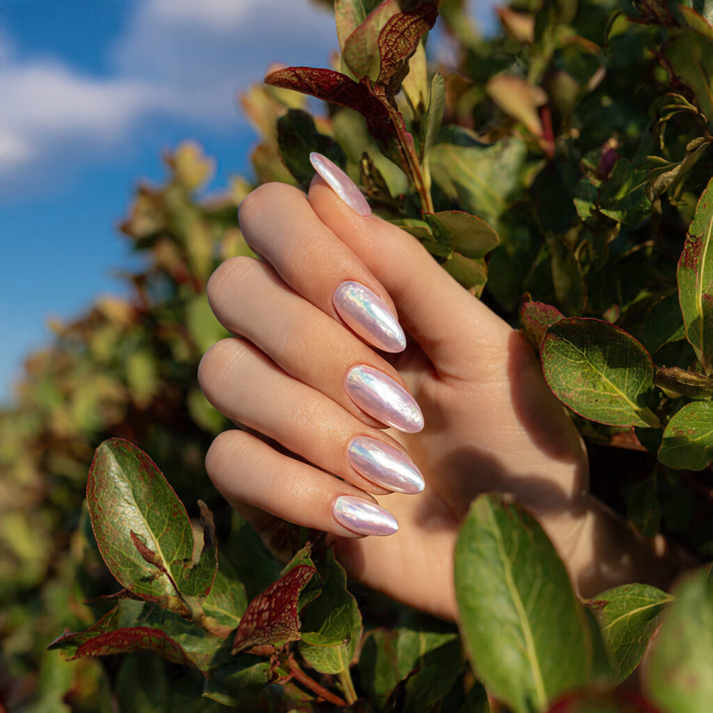 attractive pearl chrome natural nails with outdoor