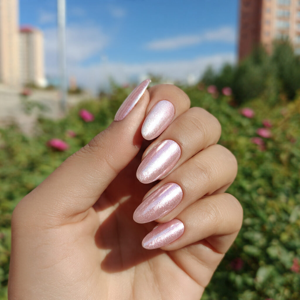 attractive pearl chrome over seashell fade nails w