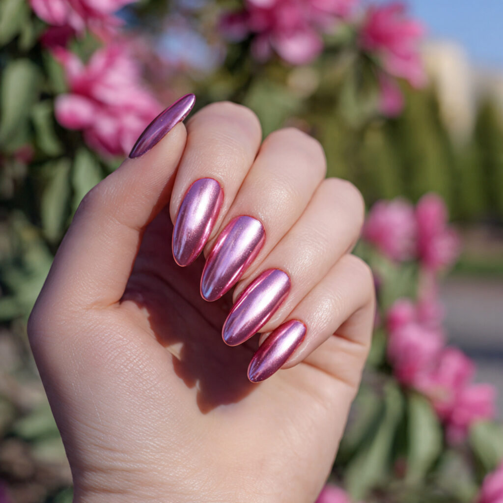 attractive pearl chrome pink acrylic nails with ou