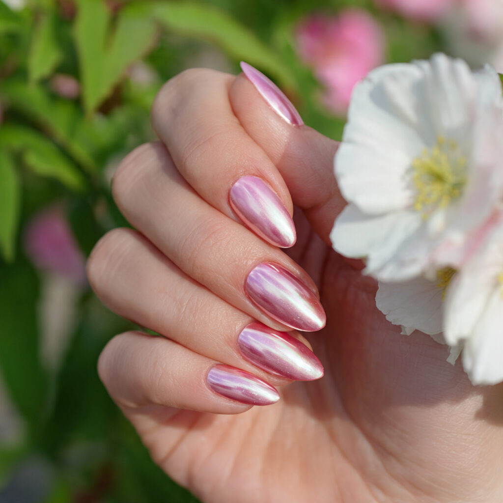 attractive pearl chrome pink almond nails with out