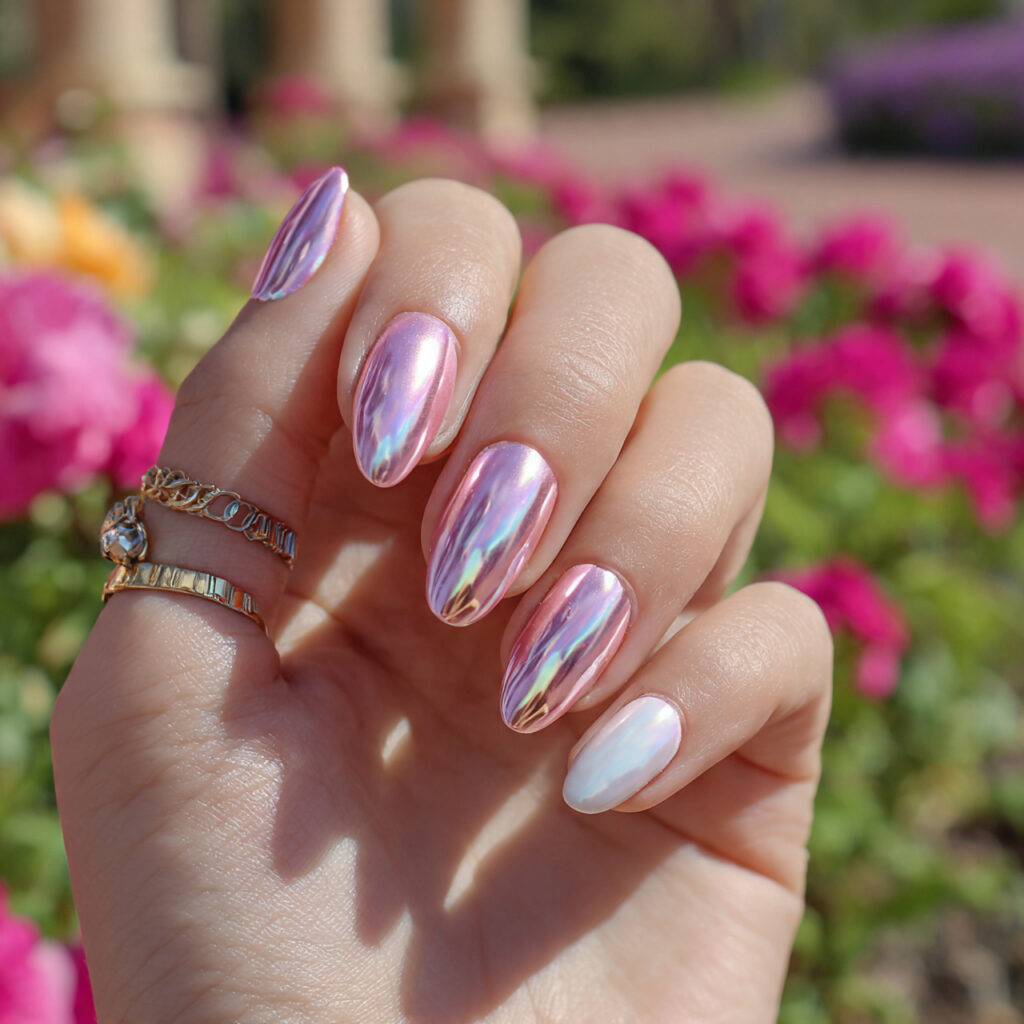 attractive pearl chrome pink and white nails with