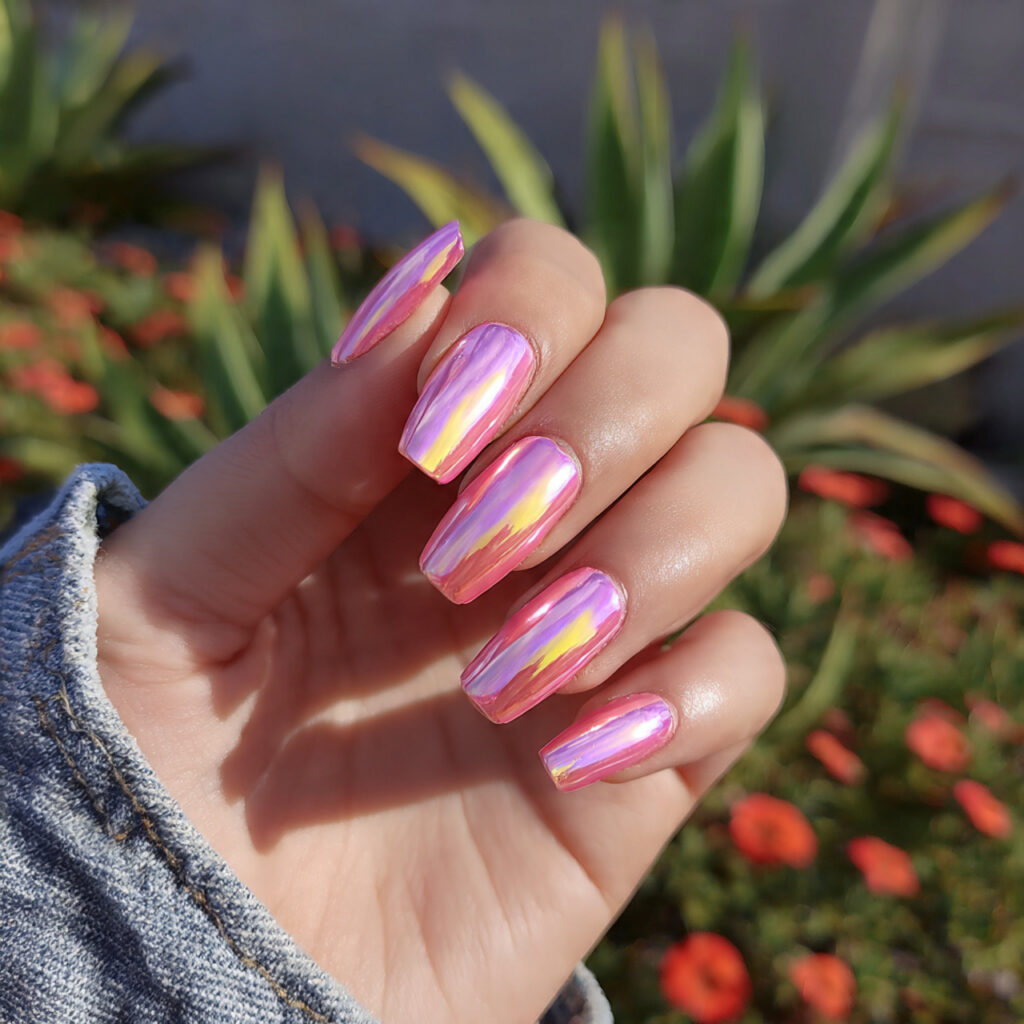 attractive pearl chrome pink aura nails with outdo