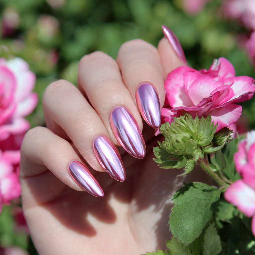 attractive pearl chrome pink nails outdoor summer 1