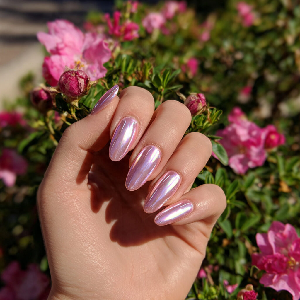attractive pearl chrome pink nails with outdoor ba 1