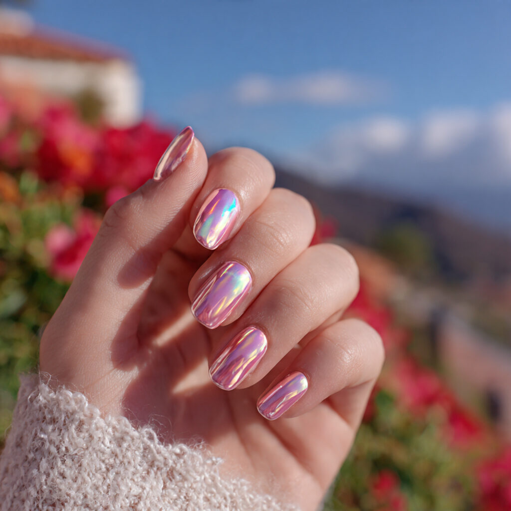 attractive pearl chrome pink nails with outdoor ba
