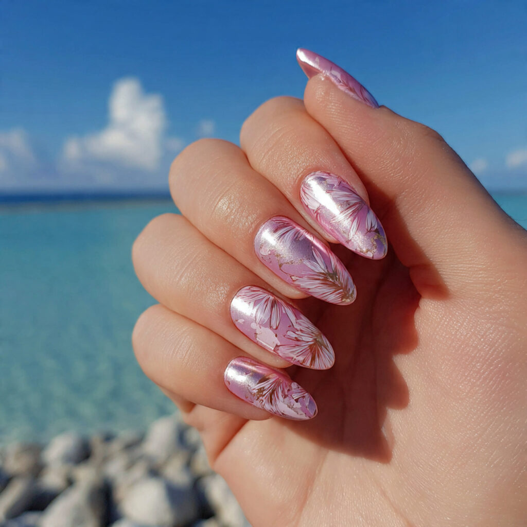 attractive pearl chrome pink nails with outdoor su