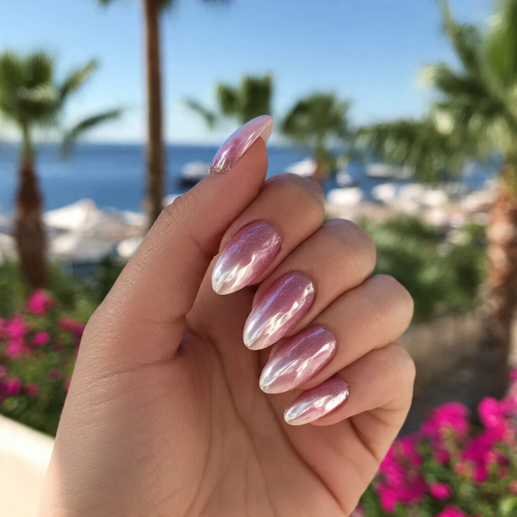attractive pearl chrome pink ombre nails with outd