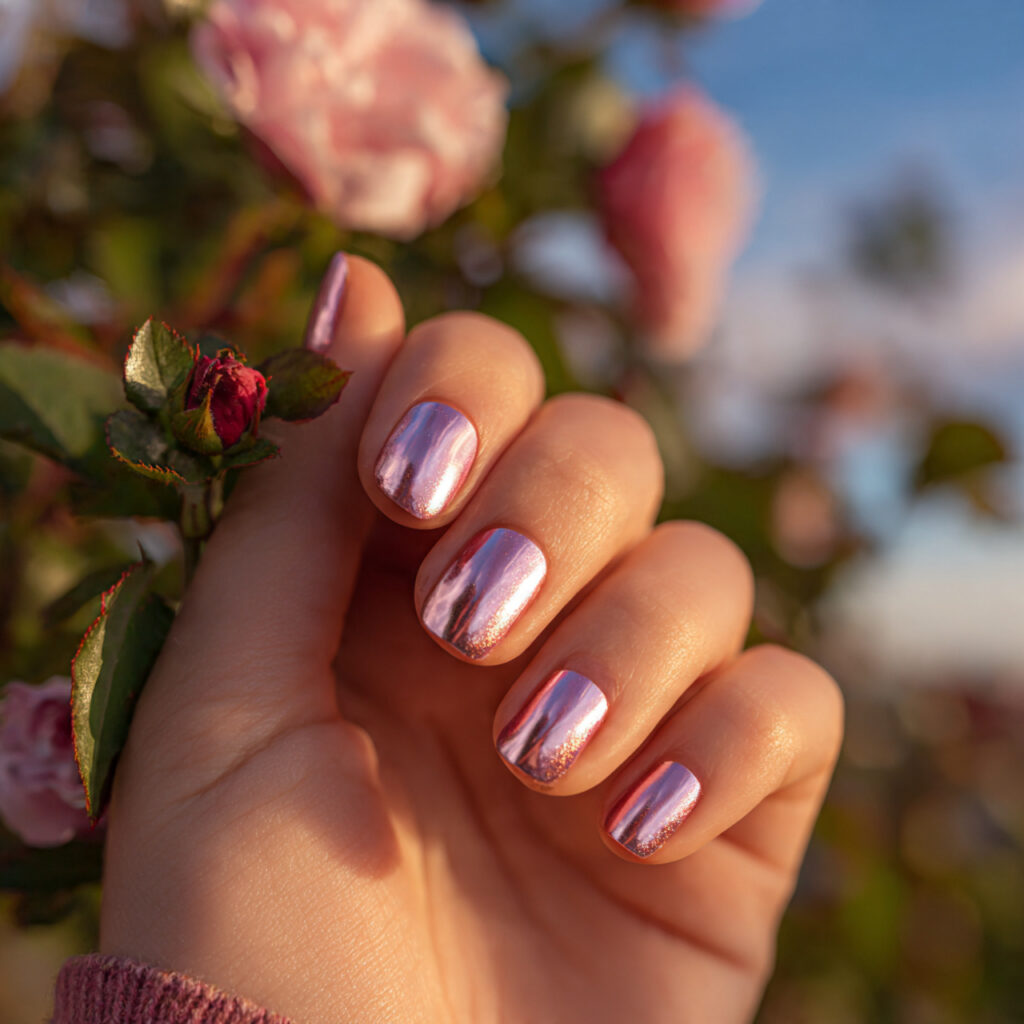 attractive pearl chrome pink short nails with outd
