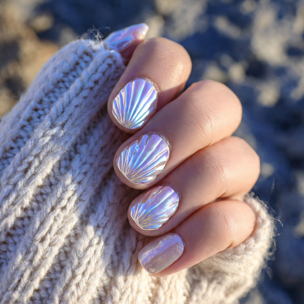 attractive pearl chrome seashell shine nails with