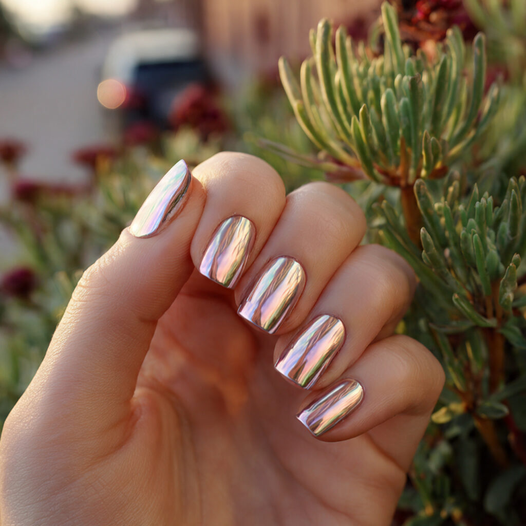 attractive pearl chrome short acrylic nails with o 1