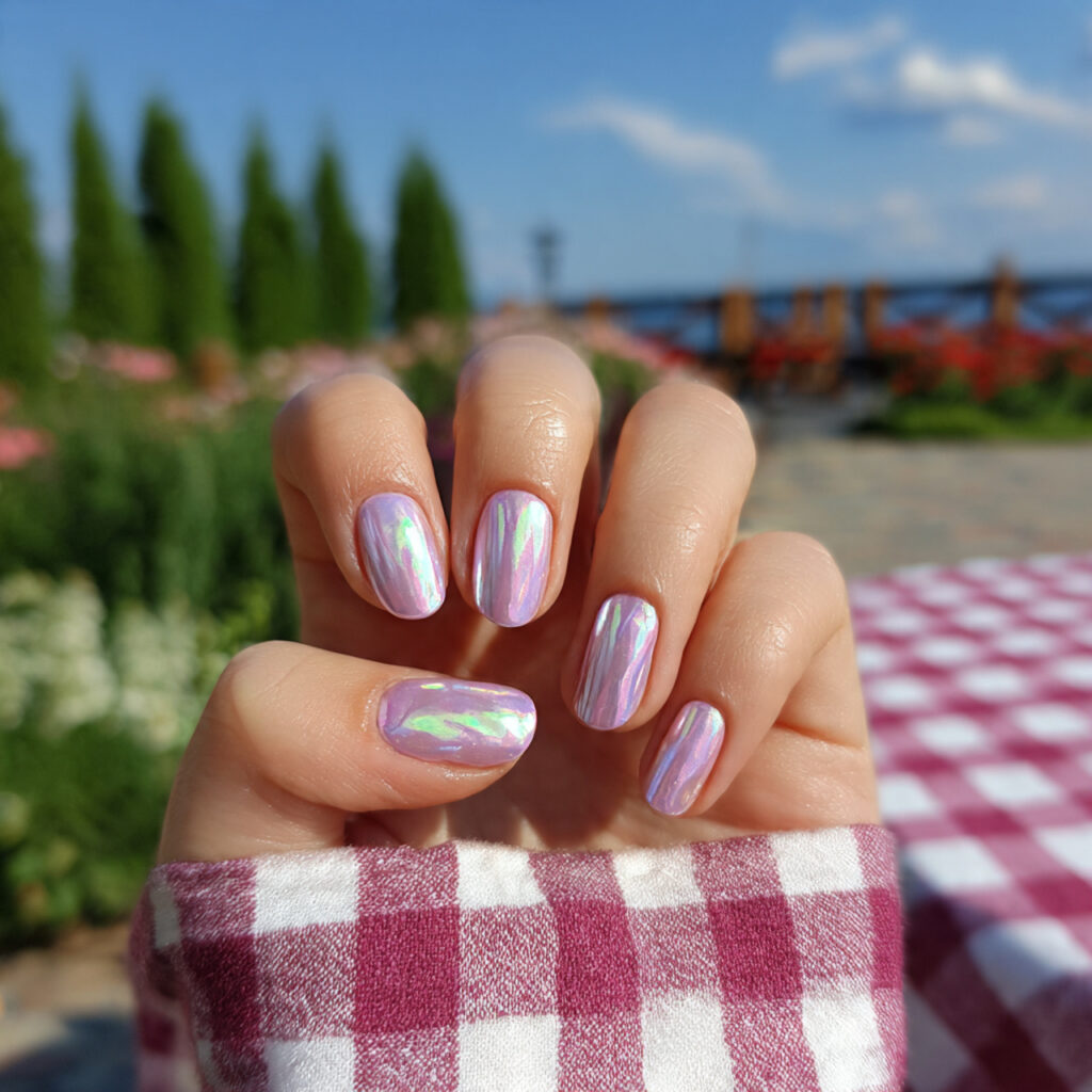 attractive pearl chrome short acrylic nails with o
