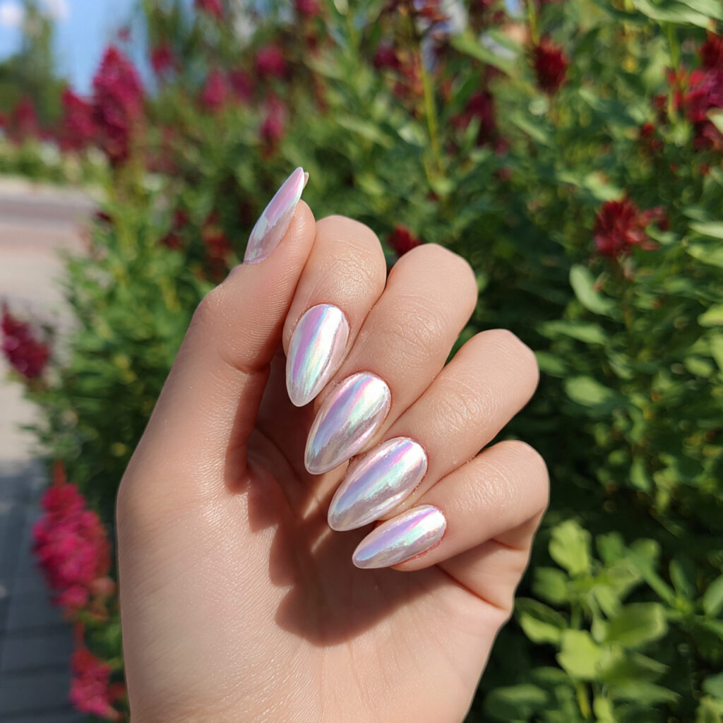 Short Almond Acrylic Nails: 14 Dreamy Designs That Feel Soft, Chic, and So Save-Worthy 12 attractive pearl chrome short almond acrylic nails
