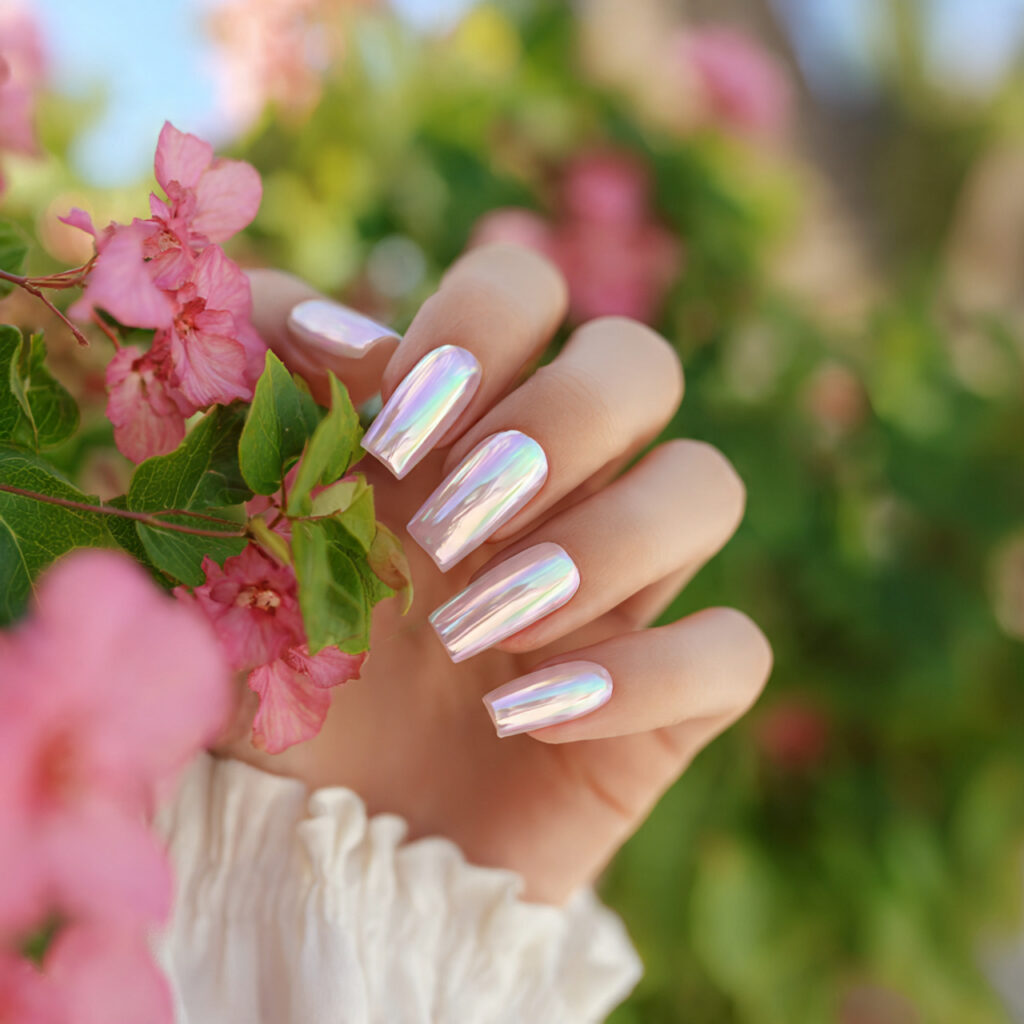 attractive pearl chrome short ballerina nails with