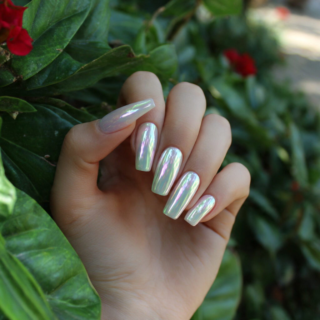 attractive pearl chrome short coffin nails with ou
