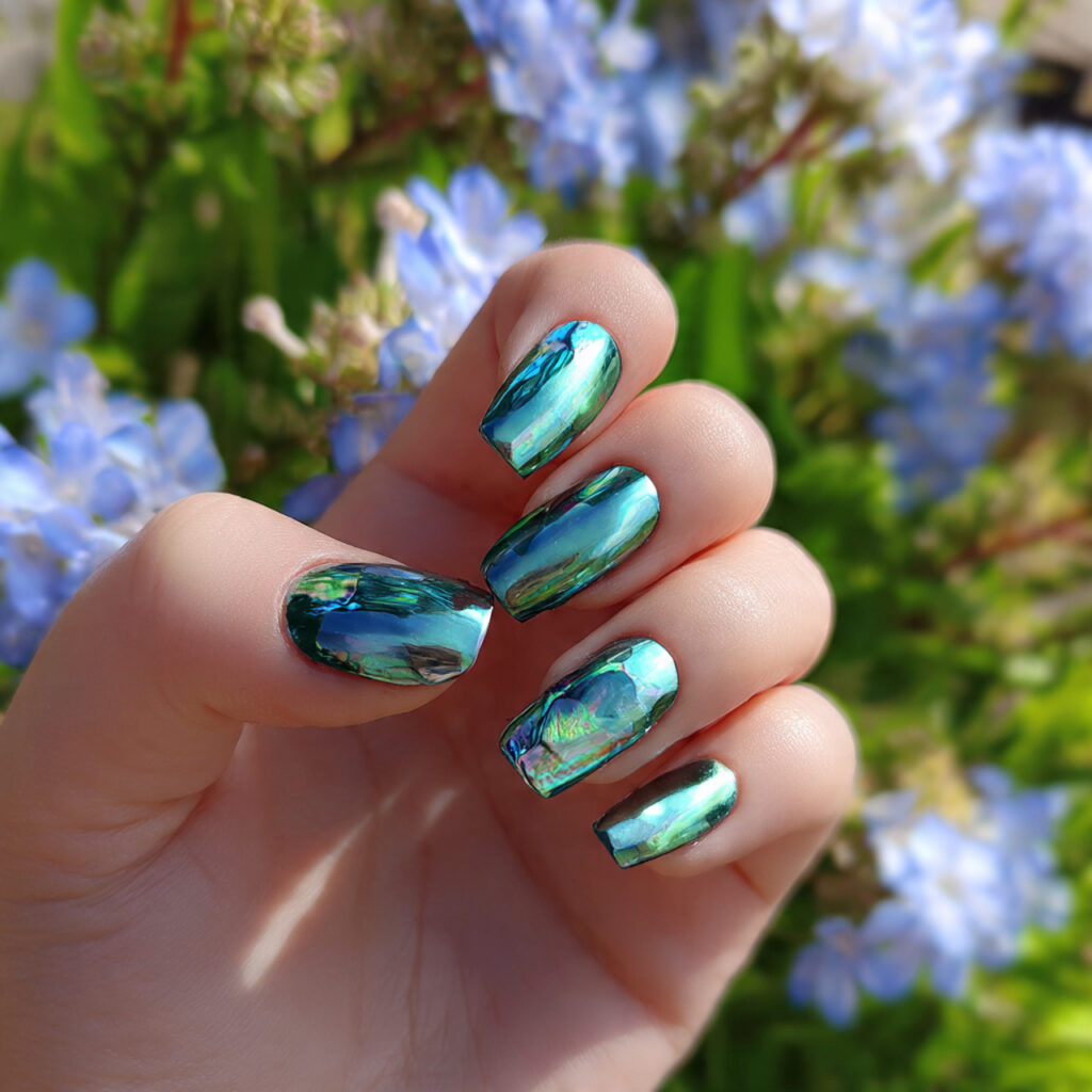 attractive pearl chrome short duck nails with outd