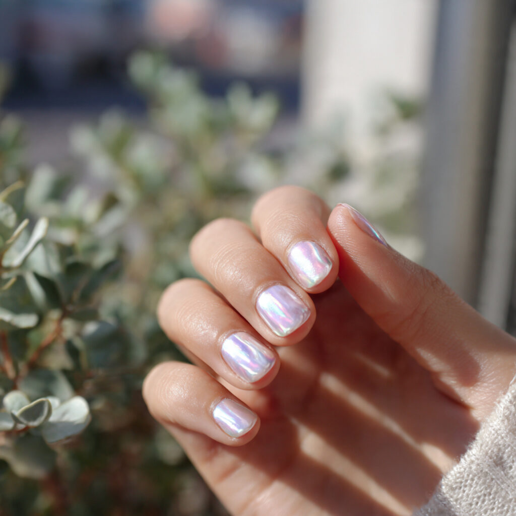 attractive pearl chrome short nails with outdoor b