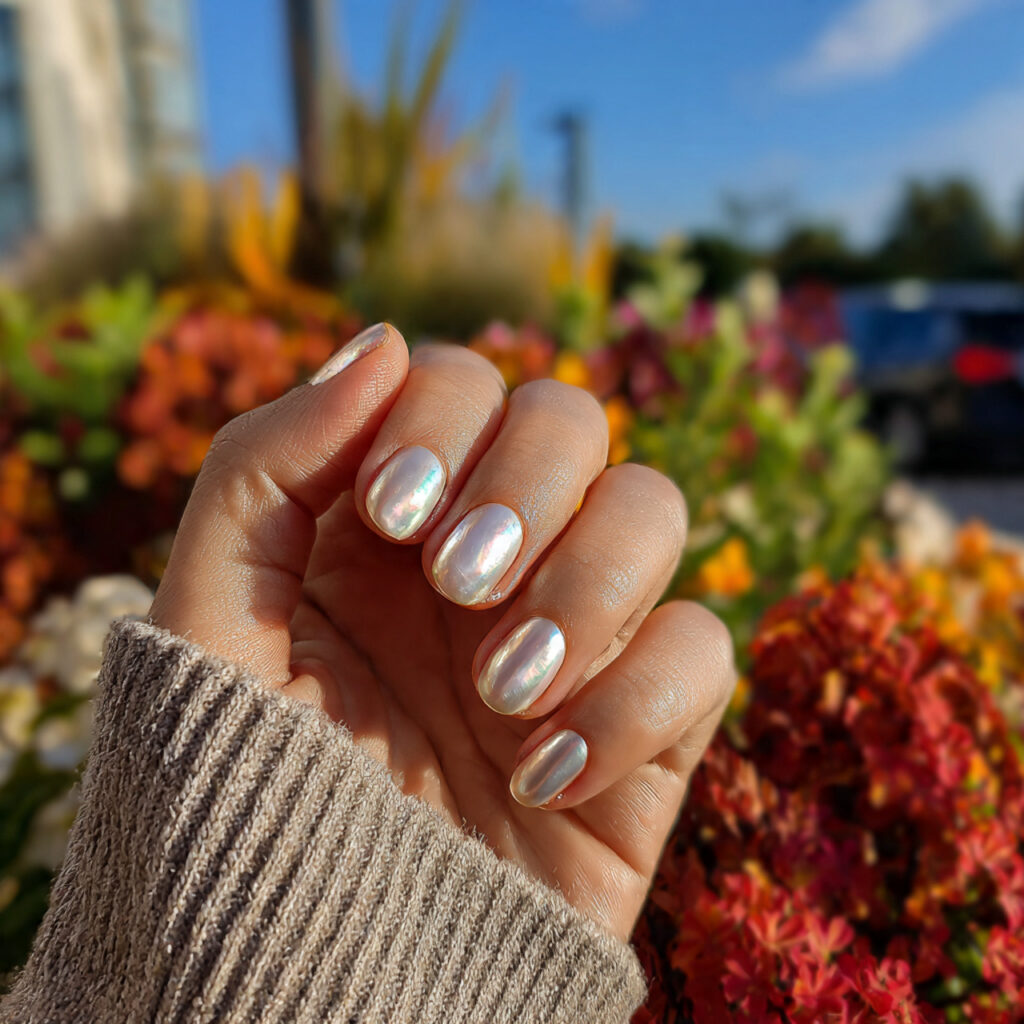 attractive pearl chrome short nails with outdoor s 1