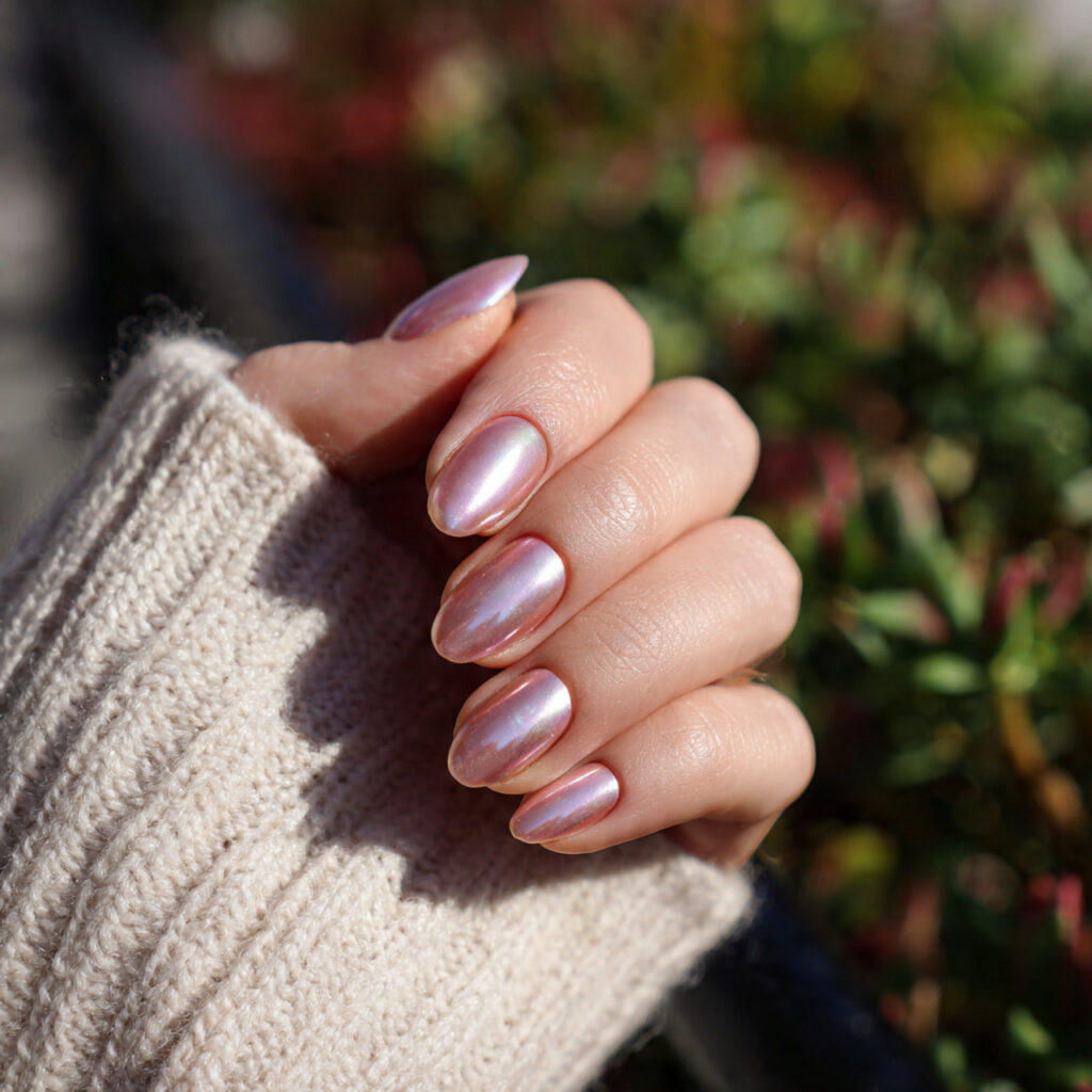 attractive pearl chrome short oval nails with outd