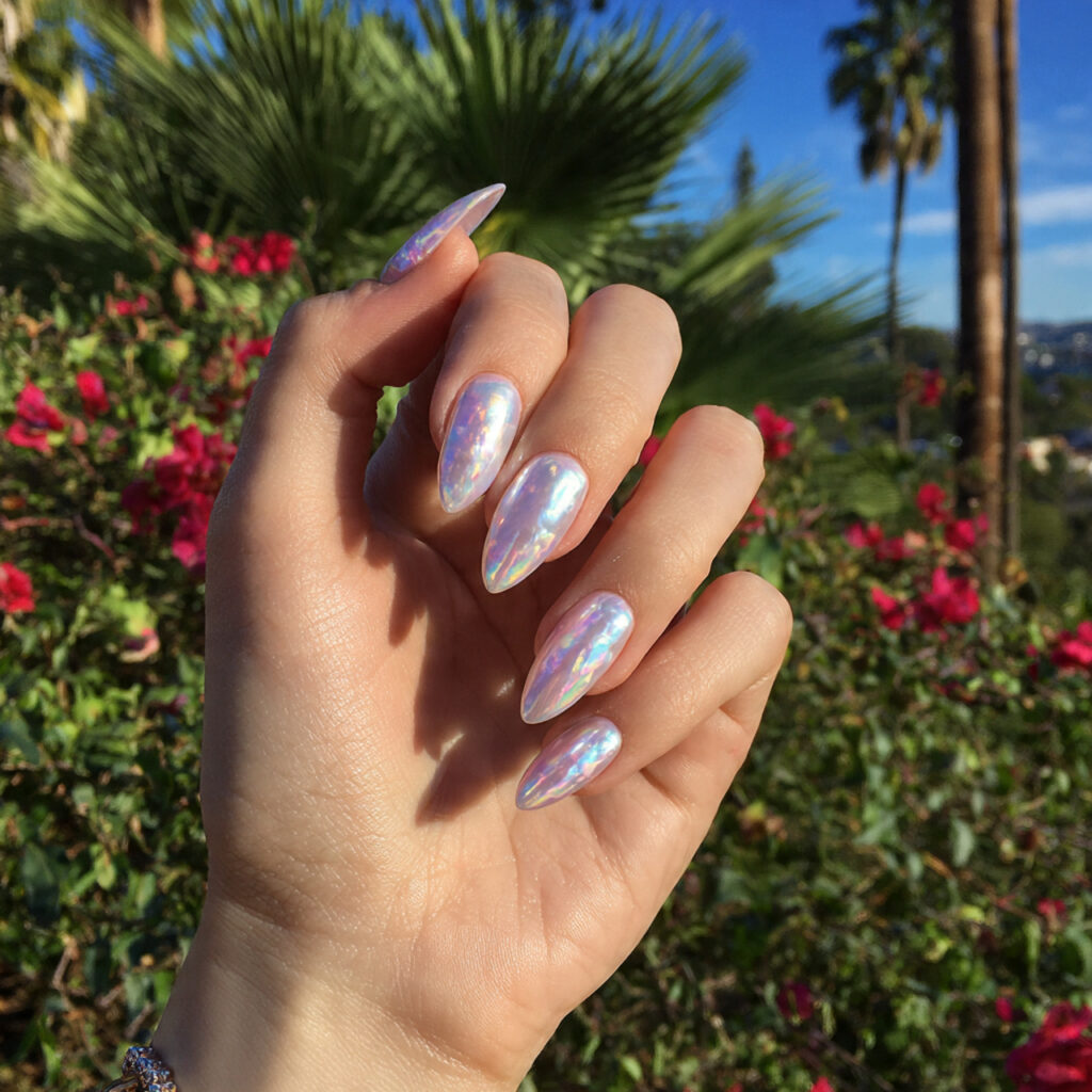 attractive pearl chrome short stiletto nails with