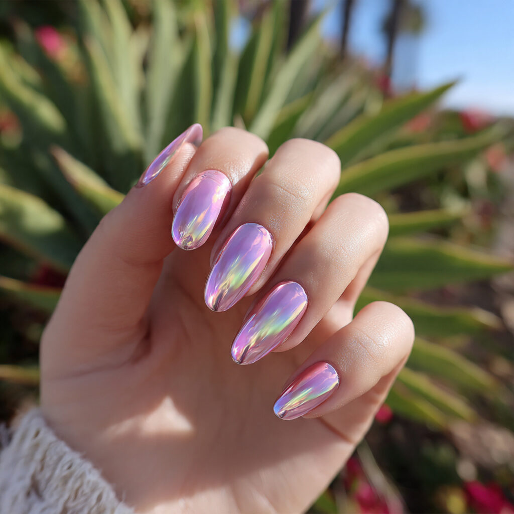 attractive pearl chrome soft pink nails with outdo