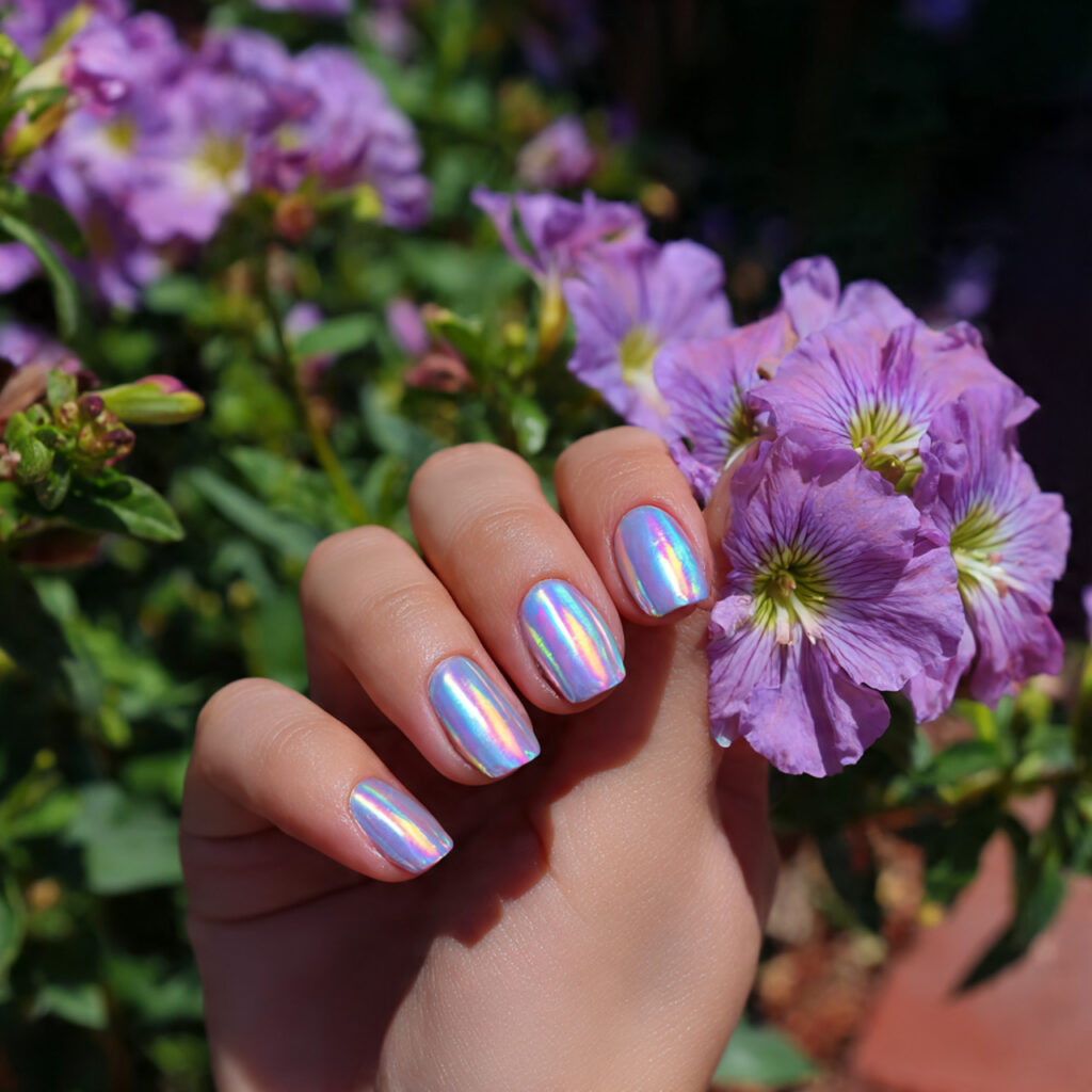attractive pearl chrome very short nails with summ