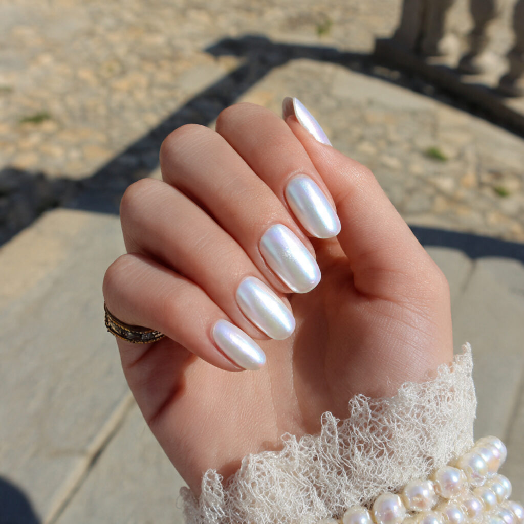 attractive pearl chrome white nails with outdoor b