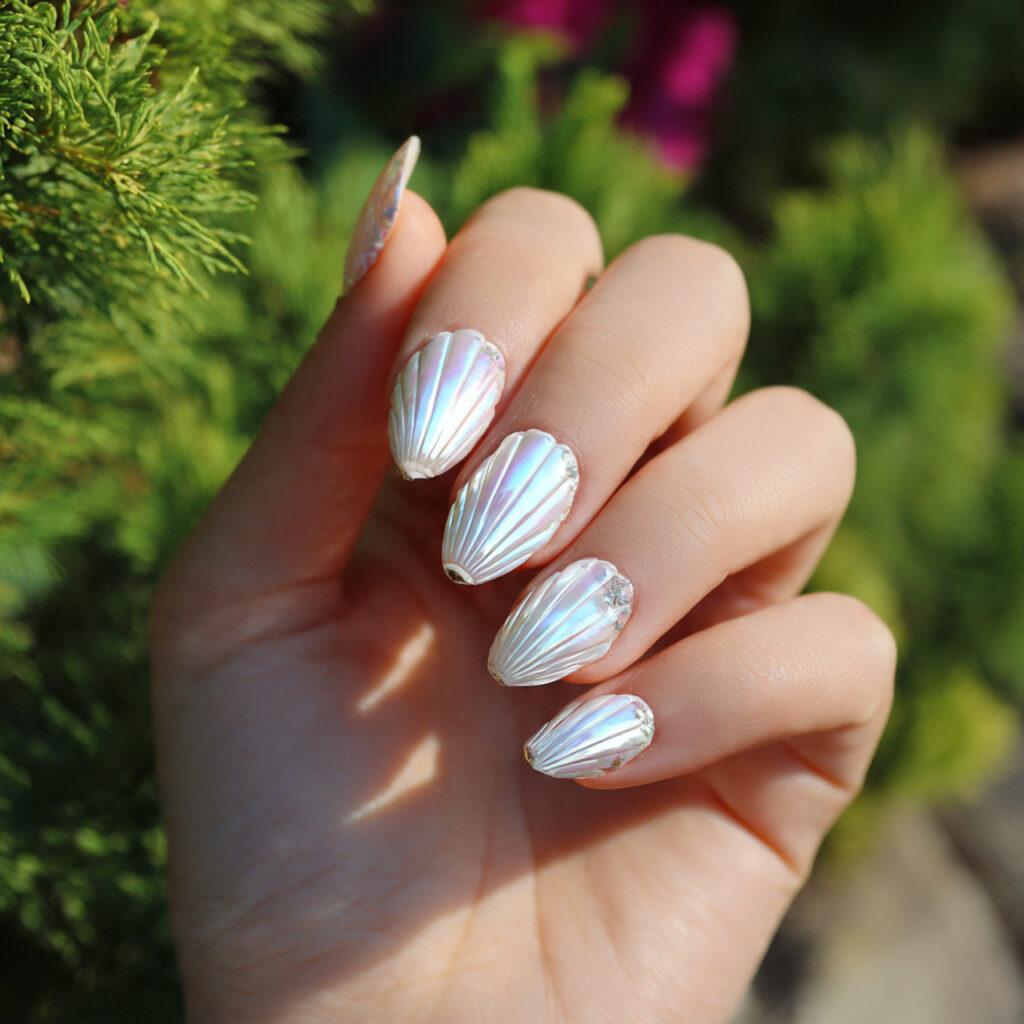 attractive pearl chrome white seashell shine nails