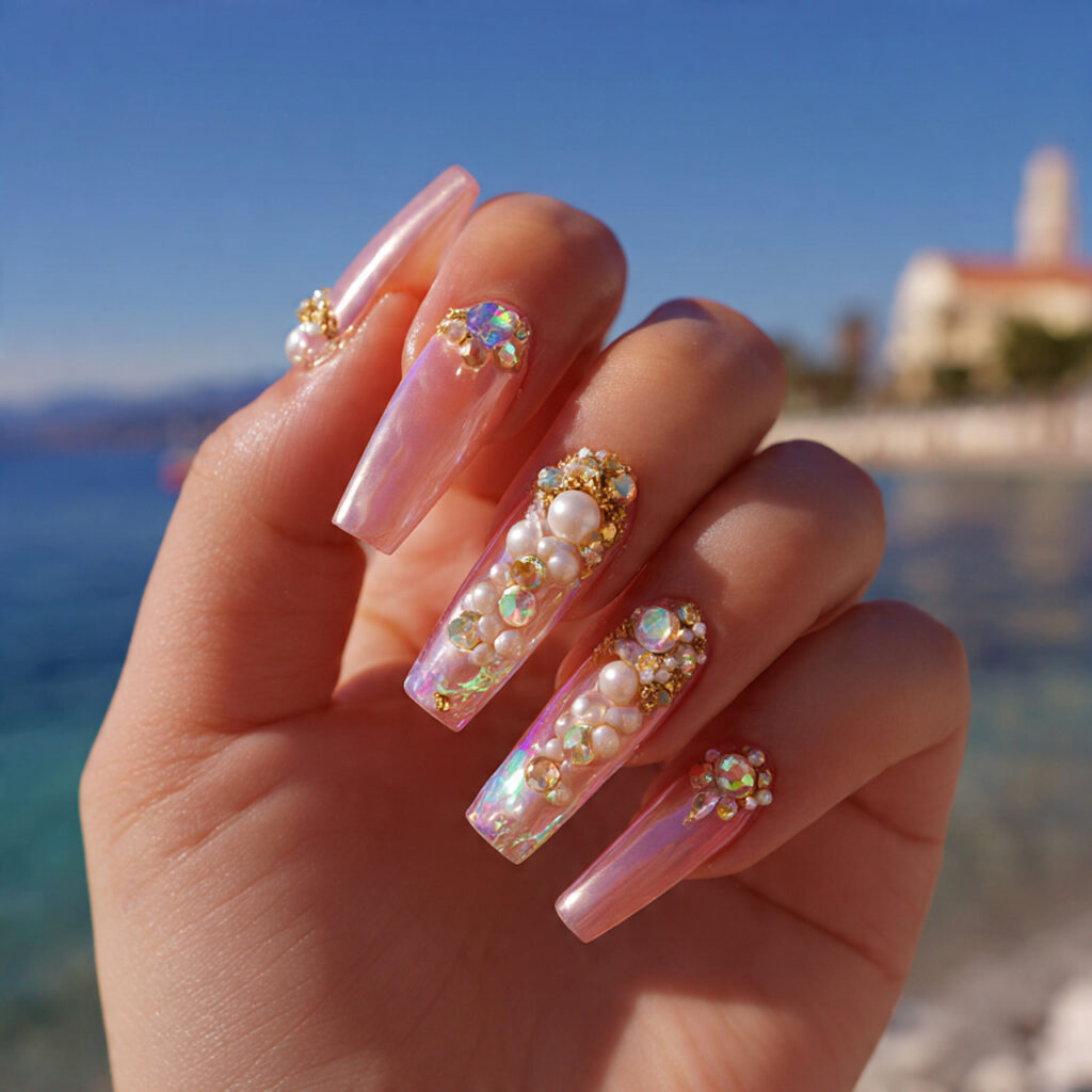 attractive pearl embellished nude coffin nails wit