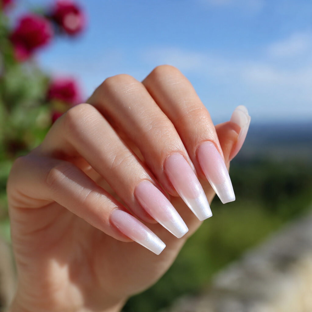 attractive pearl french tips on soft coffin acryli