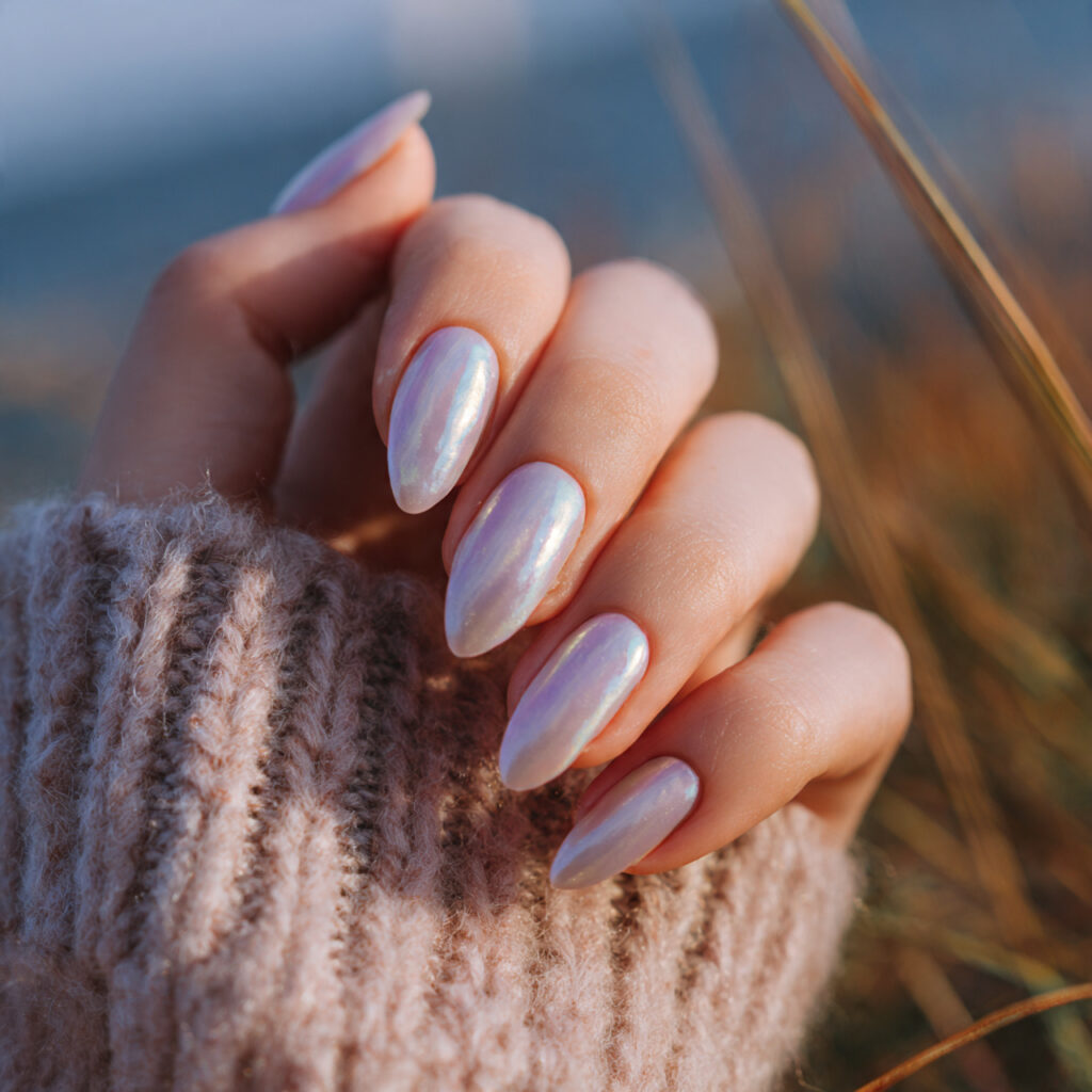 attractive pearl glaze over nails with outdoor bac