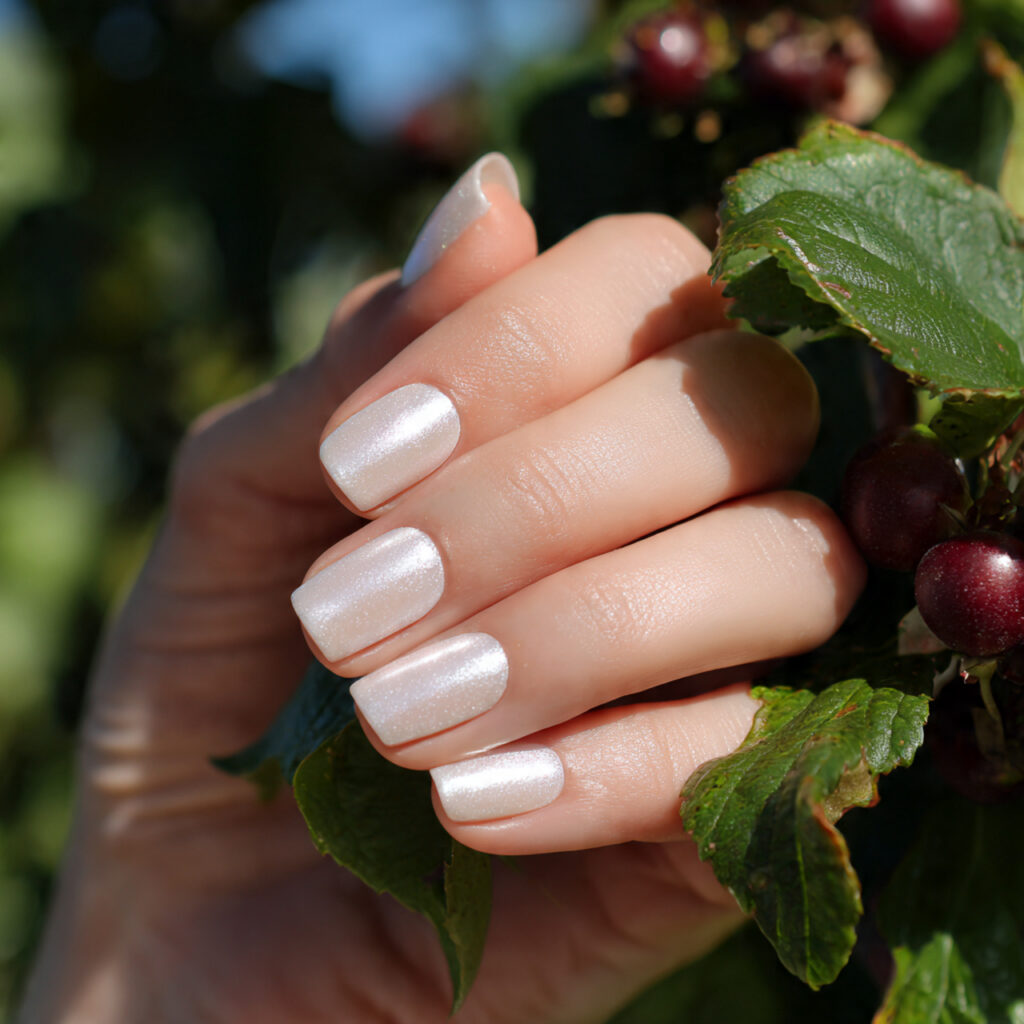 attractive pearl glaze over simple nails with summ