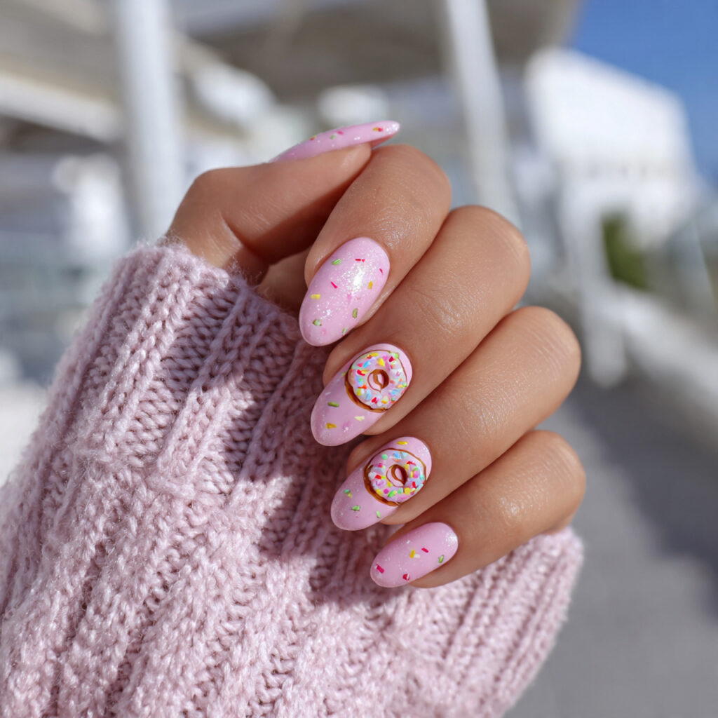 attractive pearl glazed donut nails with outdoor s