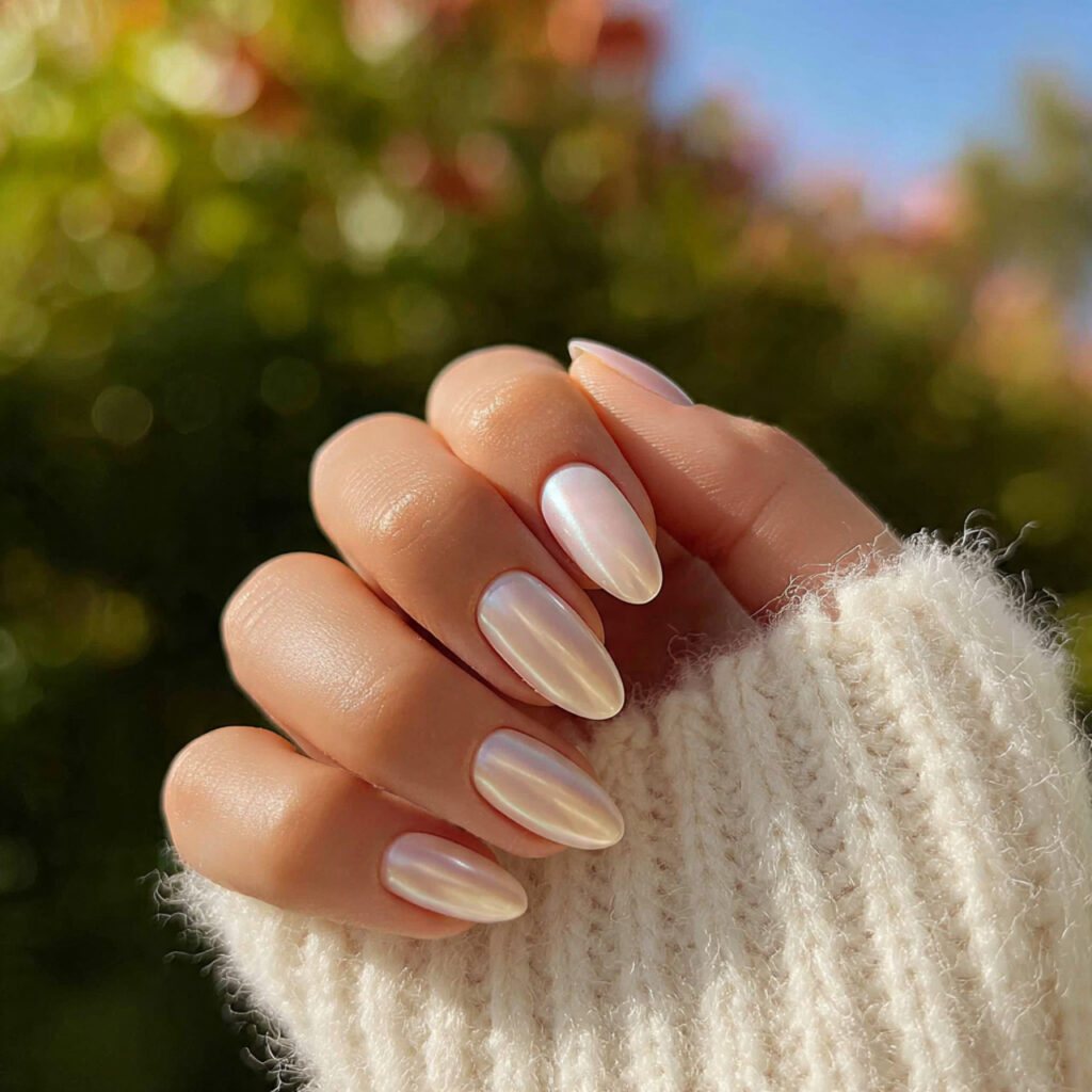 attractive pearl glazed simple nails with outdoor