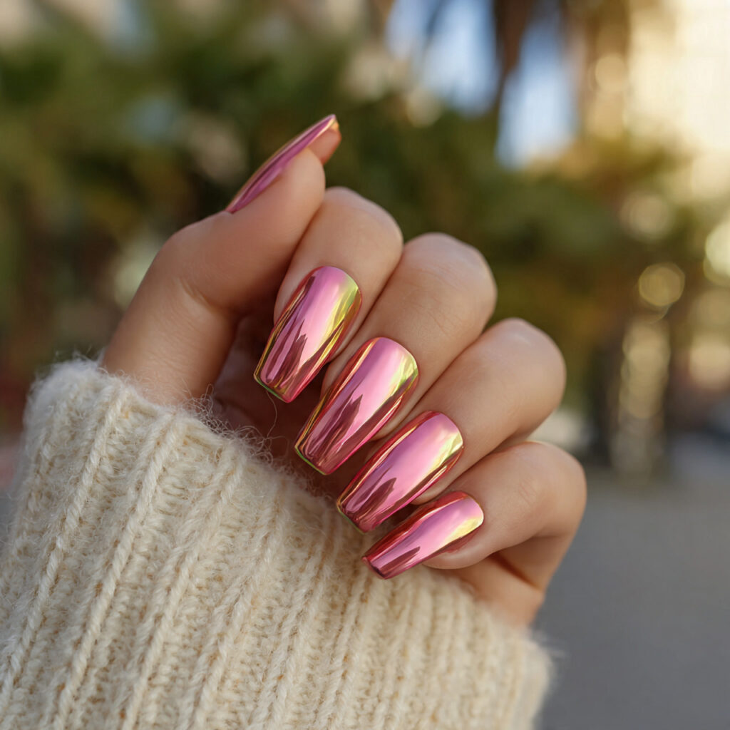 attractive pearl pink and gold chrome nails with o