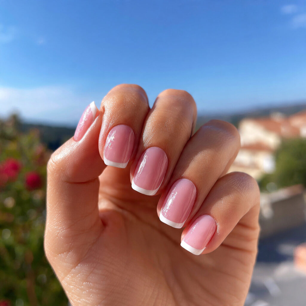 attractive pearl pink french nails with outdoor ba