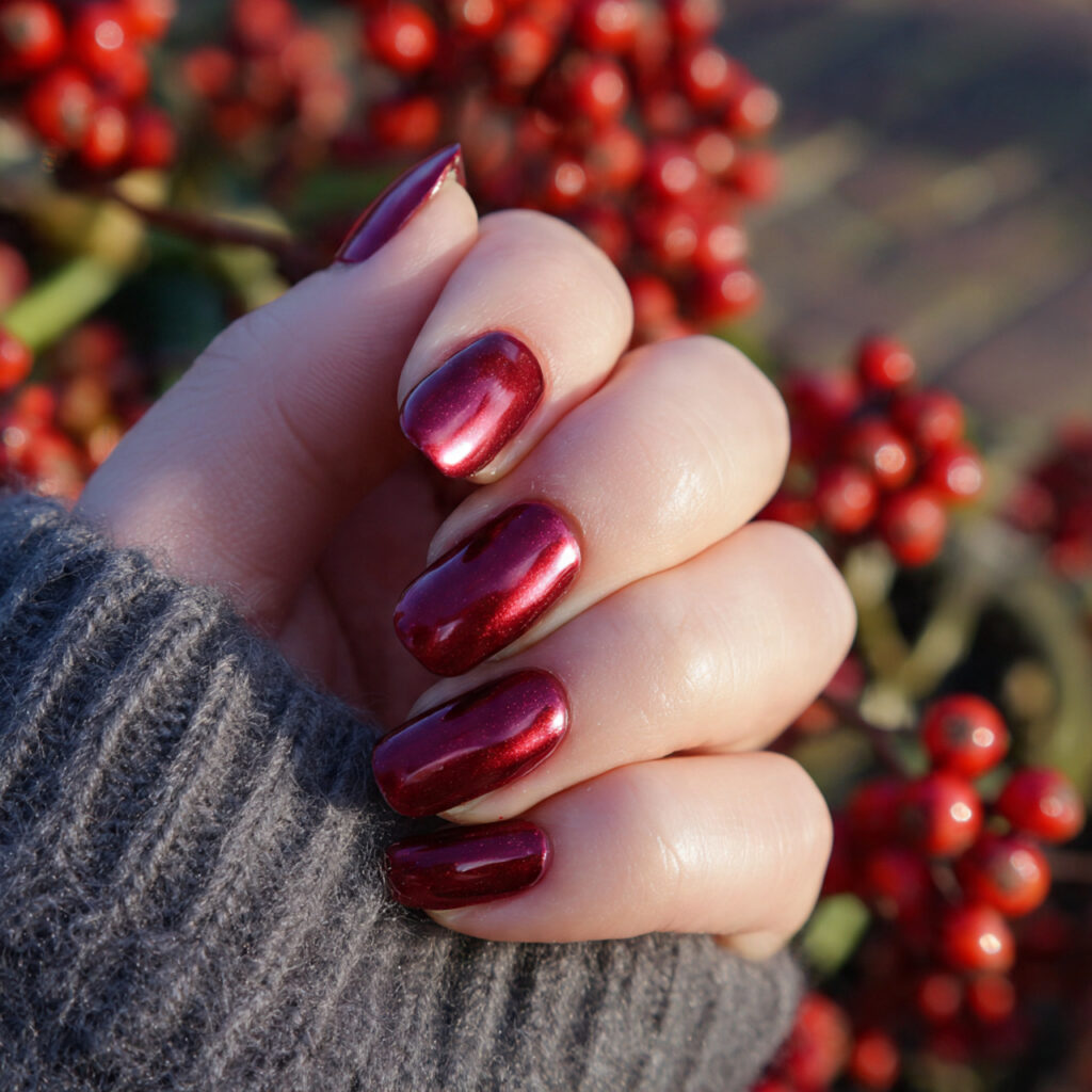 attractive pearl red glazed nails with outdoor bac