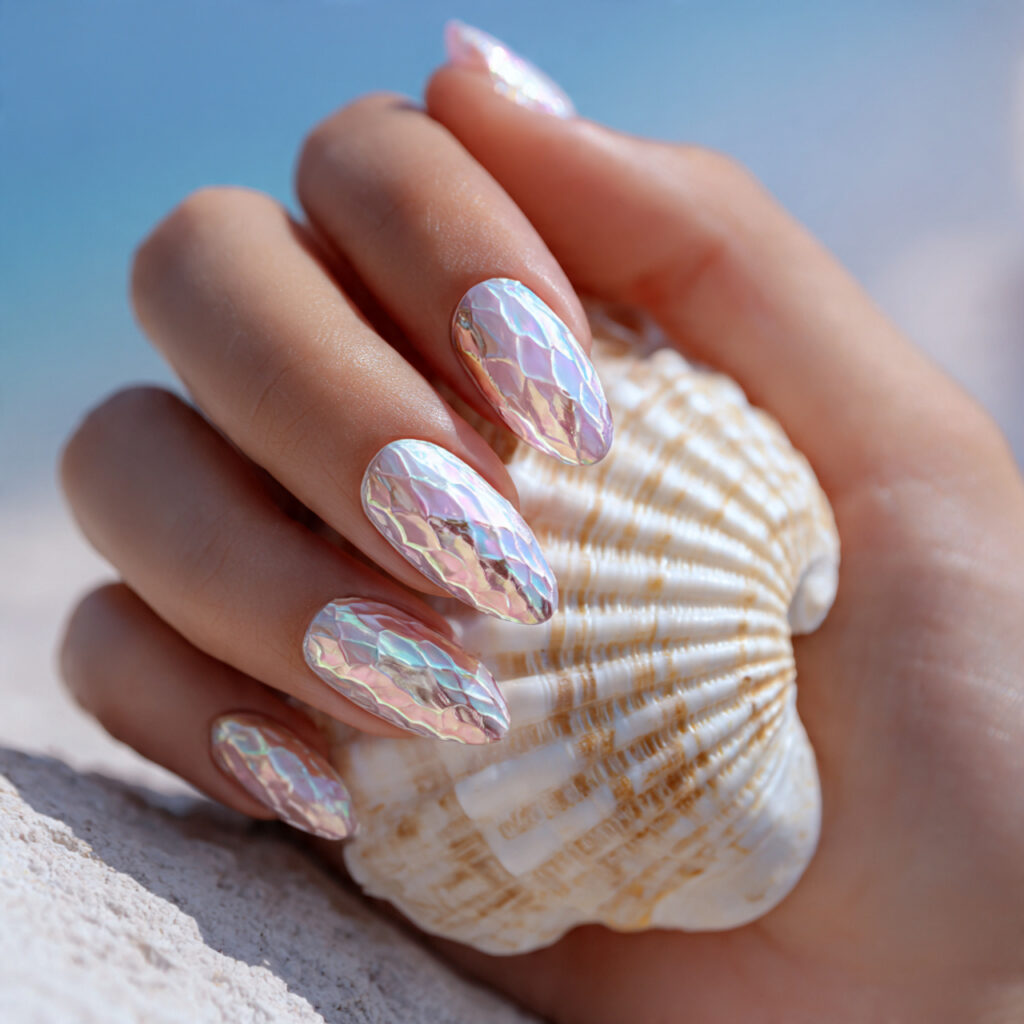 attractive pearl seashell chrome nails with summer